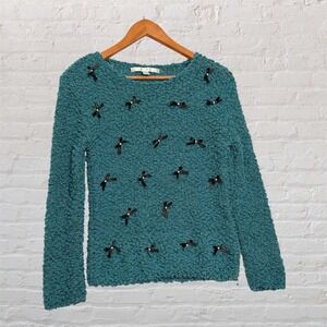 LC Lauren Conrad Teal Popcorn Knit Bow Pearl Sweater Blue Metallic Small